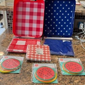Red, White and Blue Picnic Set with Coasters, Tablecloths, Napkins and Trays